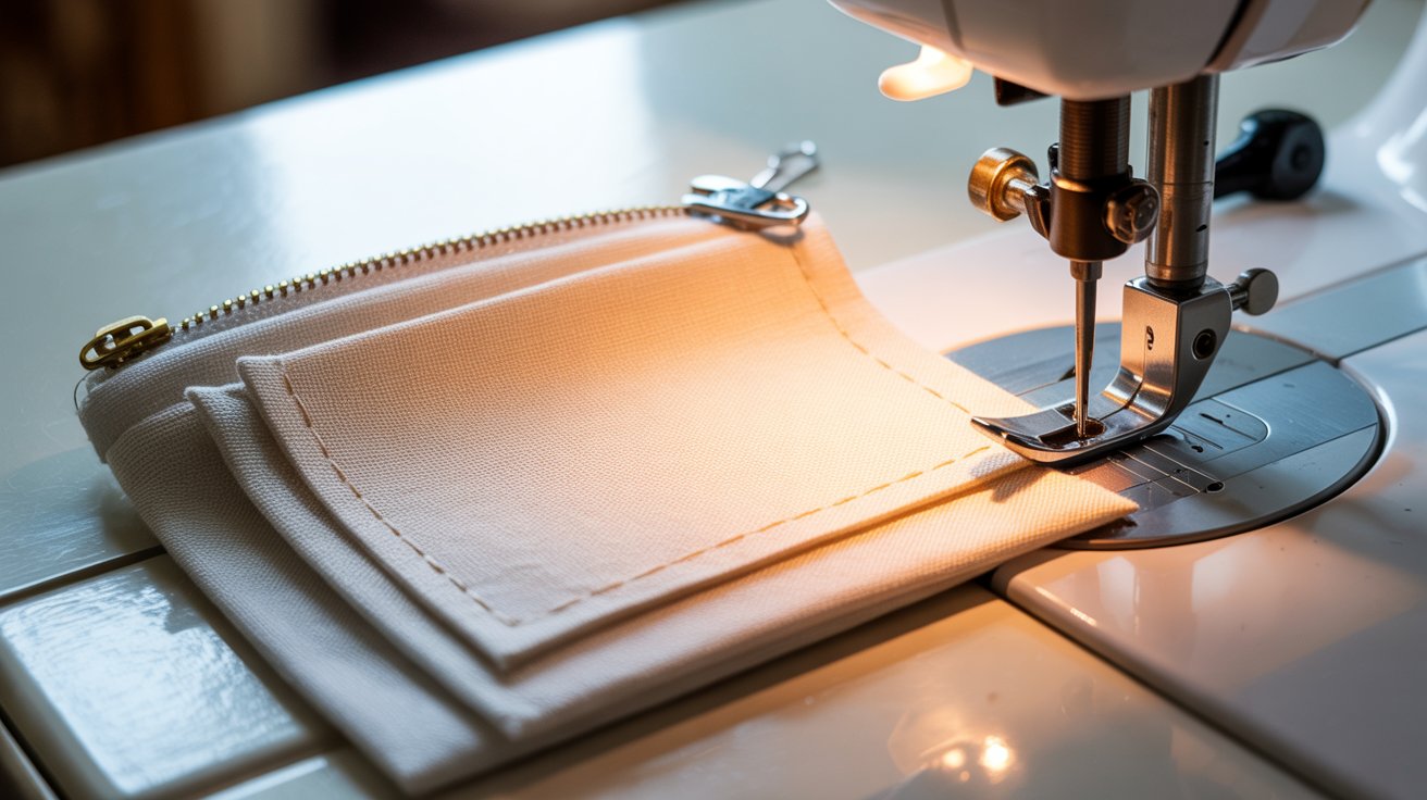 A sewing machine actively sewing a colorful piece of fabric, showcasing the needle and thread in action.