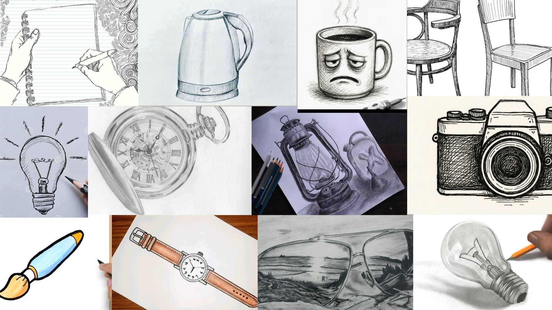 A collage featuring diverse drawings and sketches of various objects, showcasing artistic styles and creativity.
