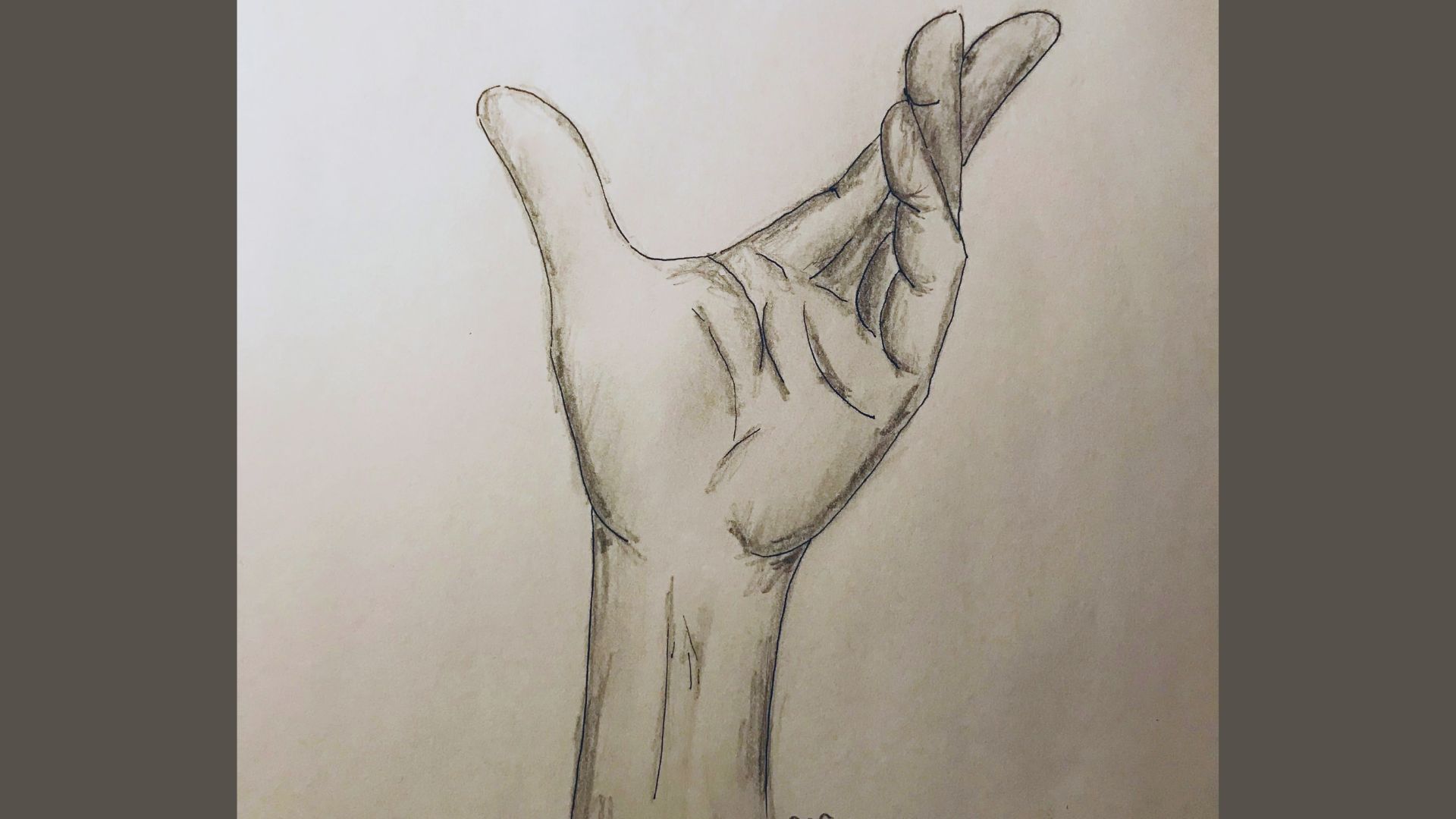 A drawing of a hand with fingers raised, displaying a gesture of greeting or signaling attention.