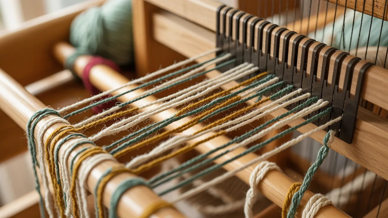 Close-up of a weaving machine displaying various colorful yarns ready for textile production.