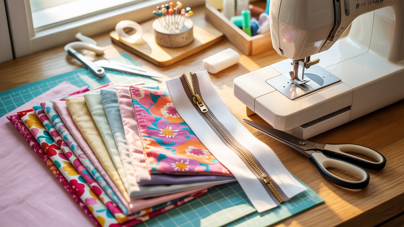 A sewing machine sits on a table next to colorful fabric pieces, ready for a sewing project.