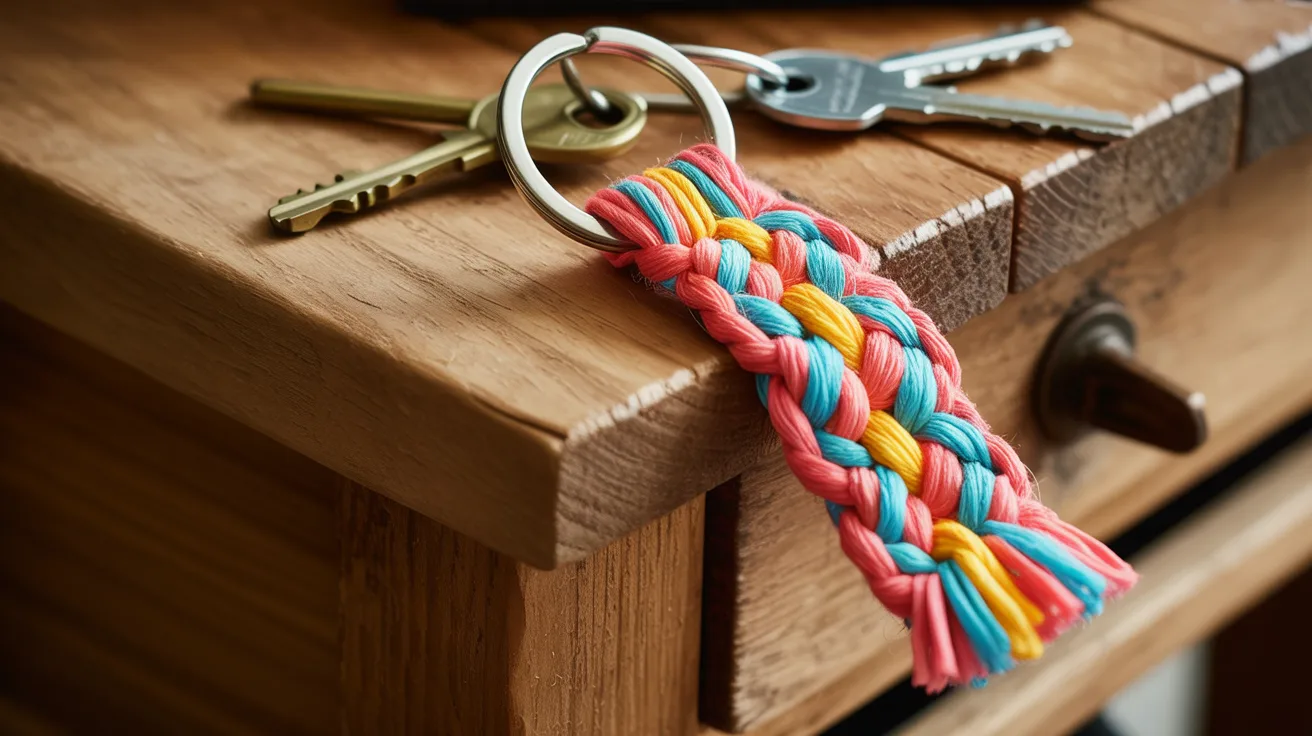 A vibrant braid keychain rests on a wooden table, showcasing its colorful design against the natural wood grain.