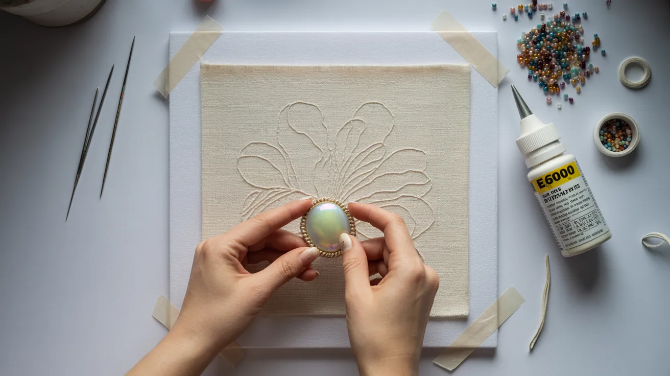 A person carefully arranges colorful beads to create a unique piece of art on a table.