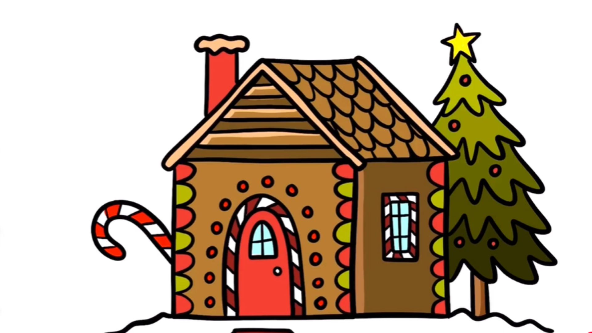 A decorated gingerbread house surrounded by candy canes and a small Christmas tree.