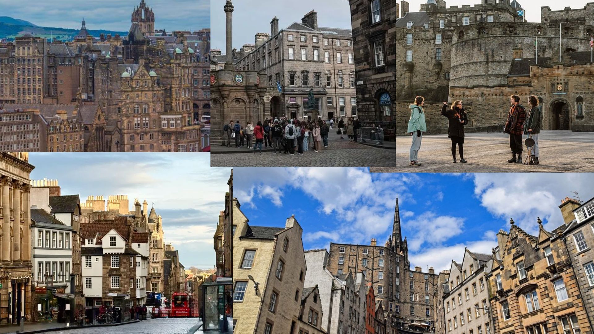 A collage showcasing various iconic landmarks of Edinburgh's cityscape, including castles and historic buildings.