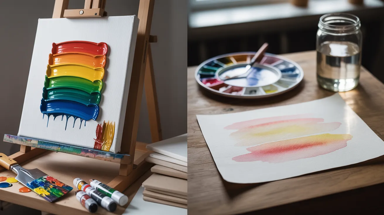 Step-by-step guide on painting with watercolors, featuring brushes, paints, and techniques for blending colors.