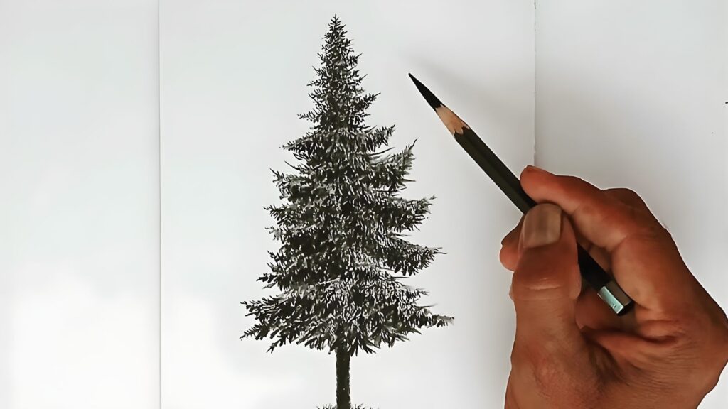 Step-by-step guide illustrating how to draw a Christmas tree with decorations and a star on top.