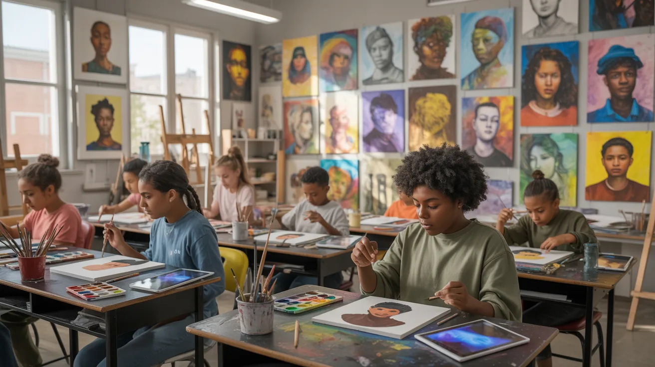 Children engaged in an art class at school, painting and creating colorful projects together.