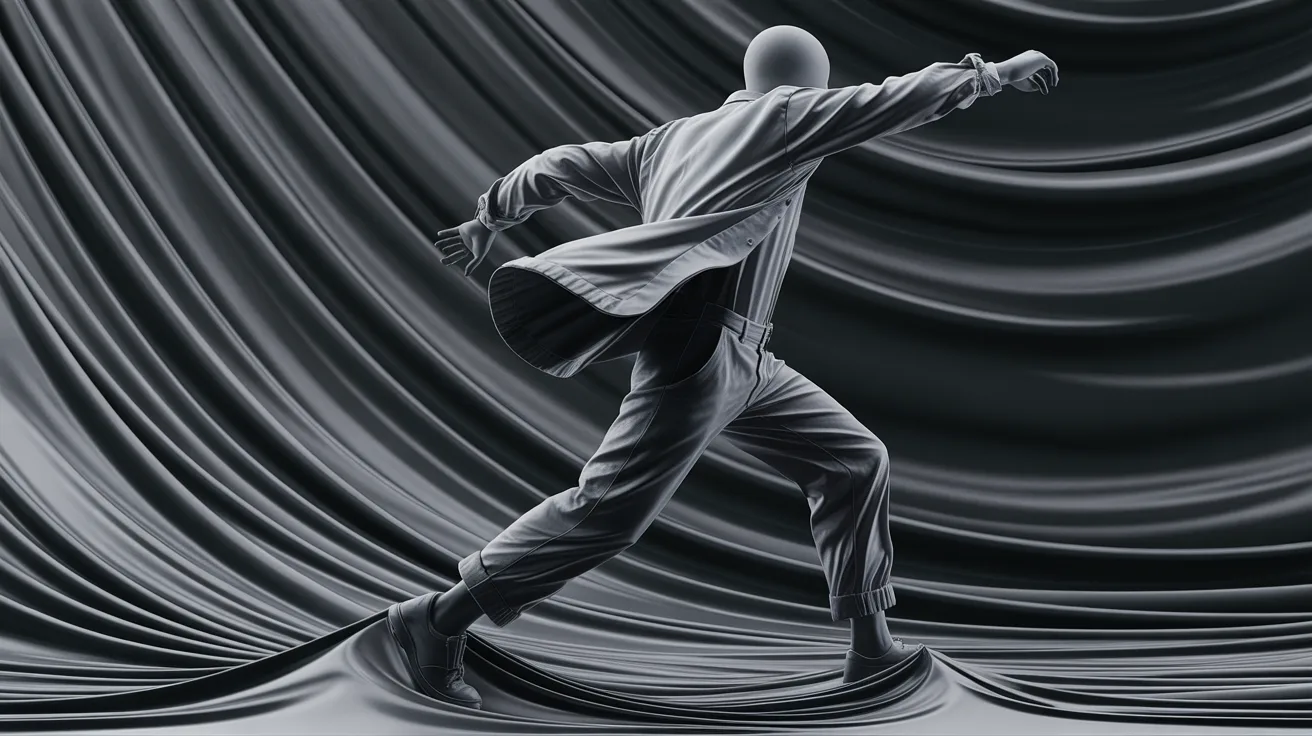 A man in a suit walks through a curtain, suggesting a transition or entrance into a new space.