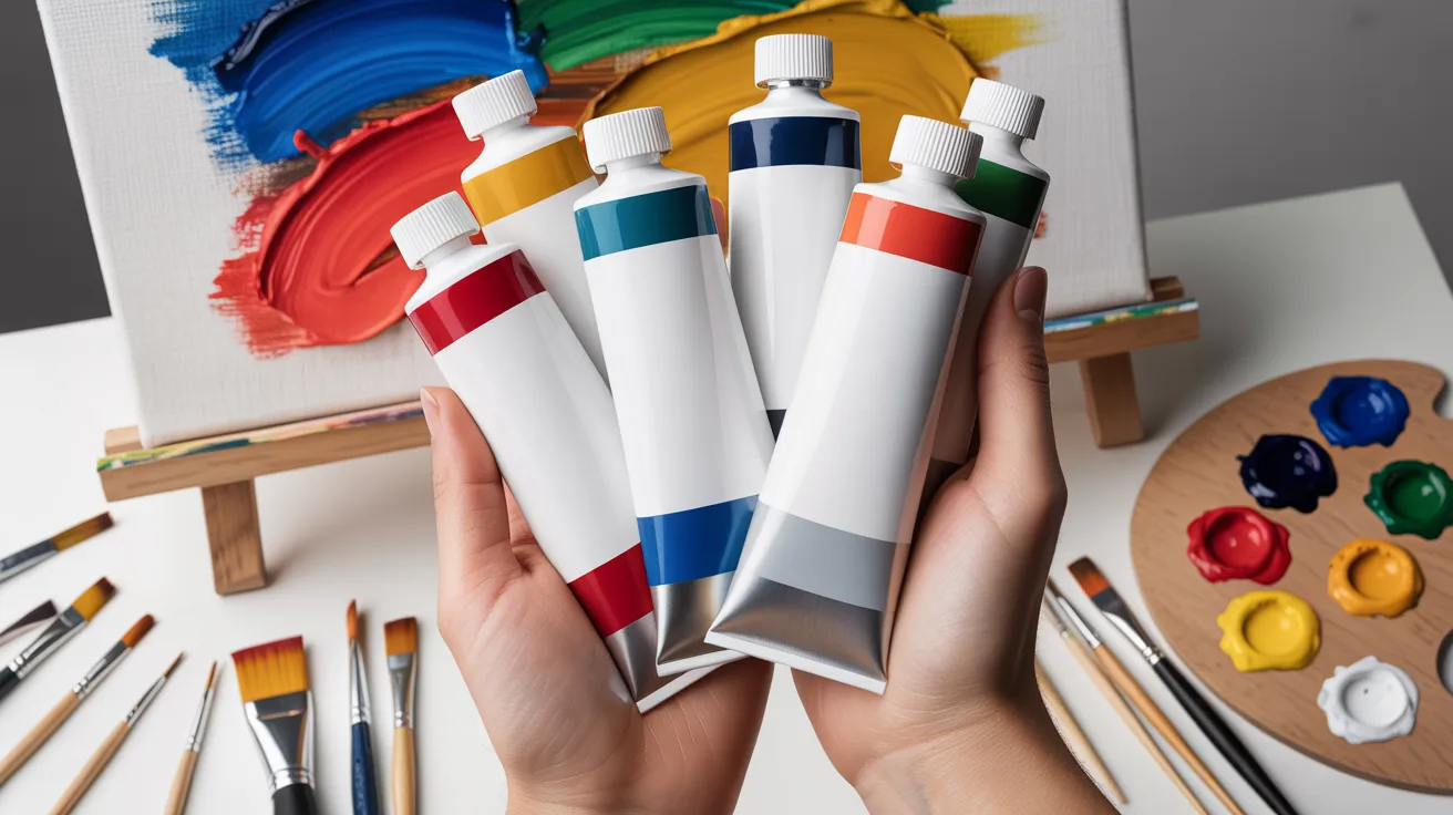 A person holding multiple paint tubes and brushes, ready for an artistic project.