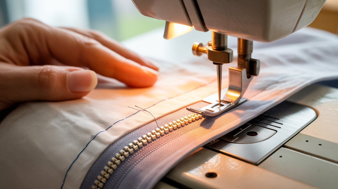A person sewing fabric with a needle and thread, focused on their task in a well-lit workspace.