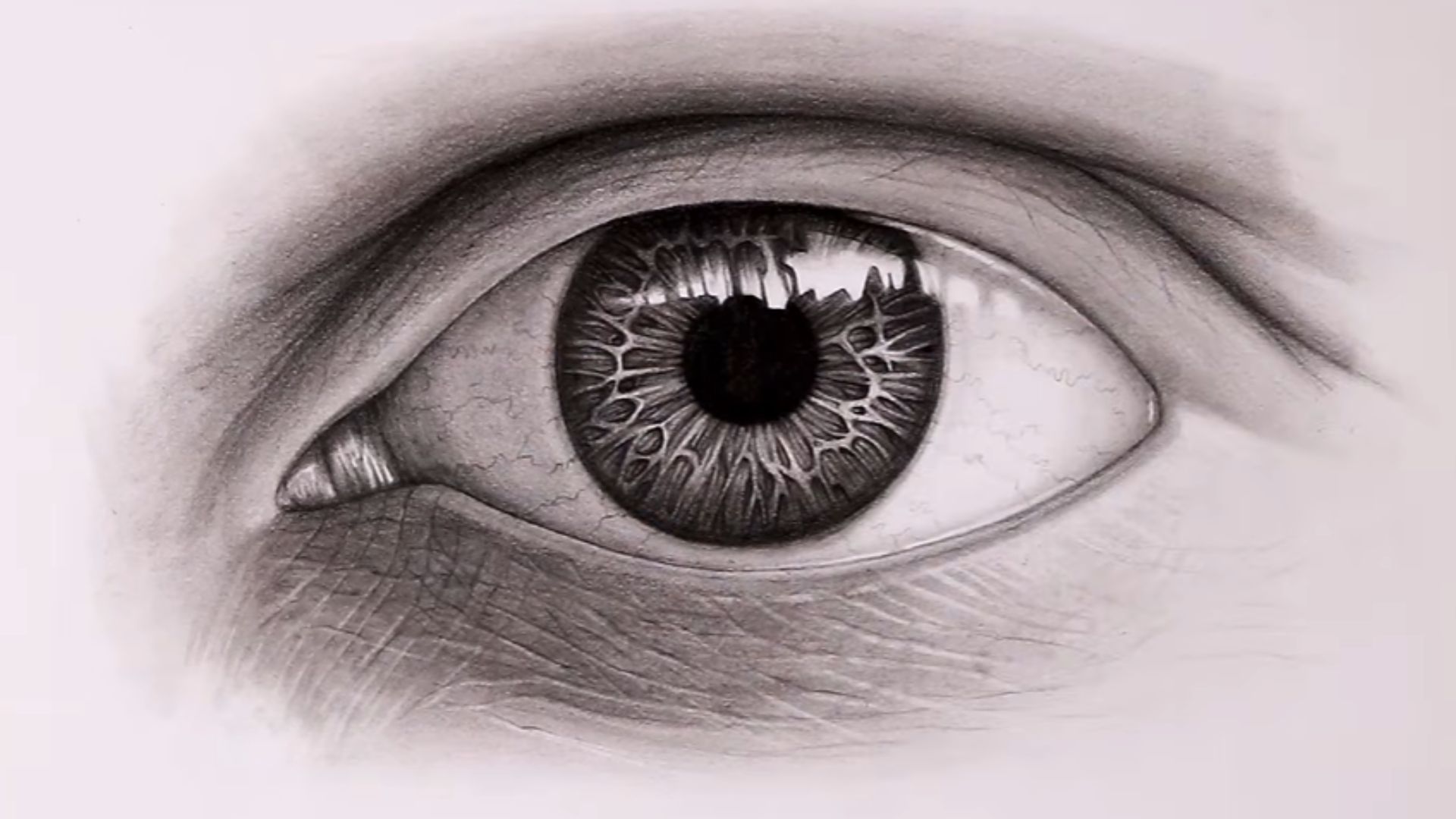 A black and white drawing of an eye, showcasing intricate details and shading.