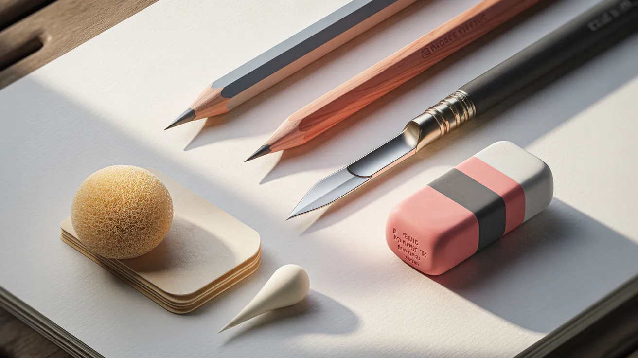 A collection of colored pencils, a sponge, and a paintbrush arranged on a flat surface.