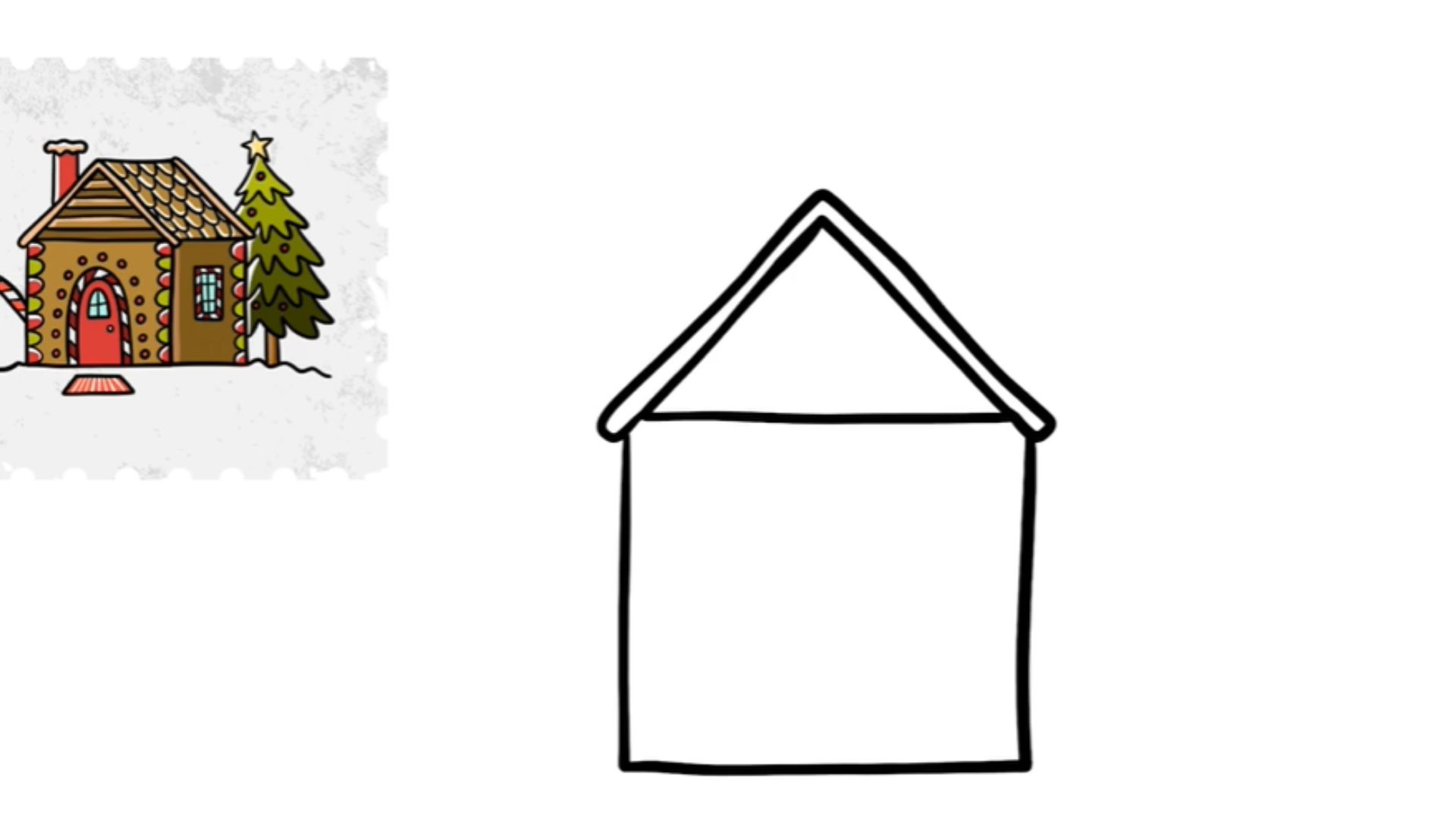 Illustration showing step-by-step instructions for drawing a house with a decorated Christmas tree beside it.