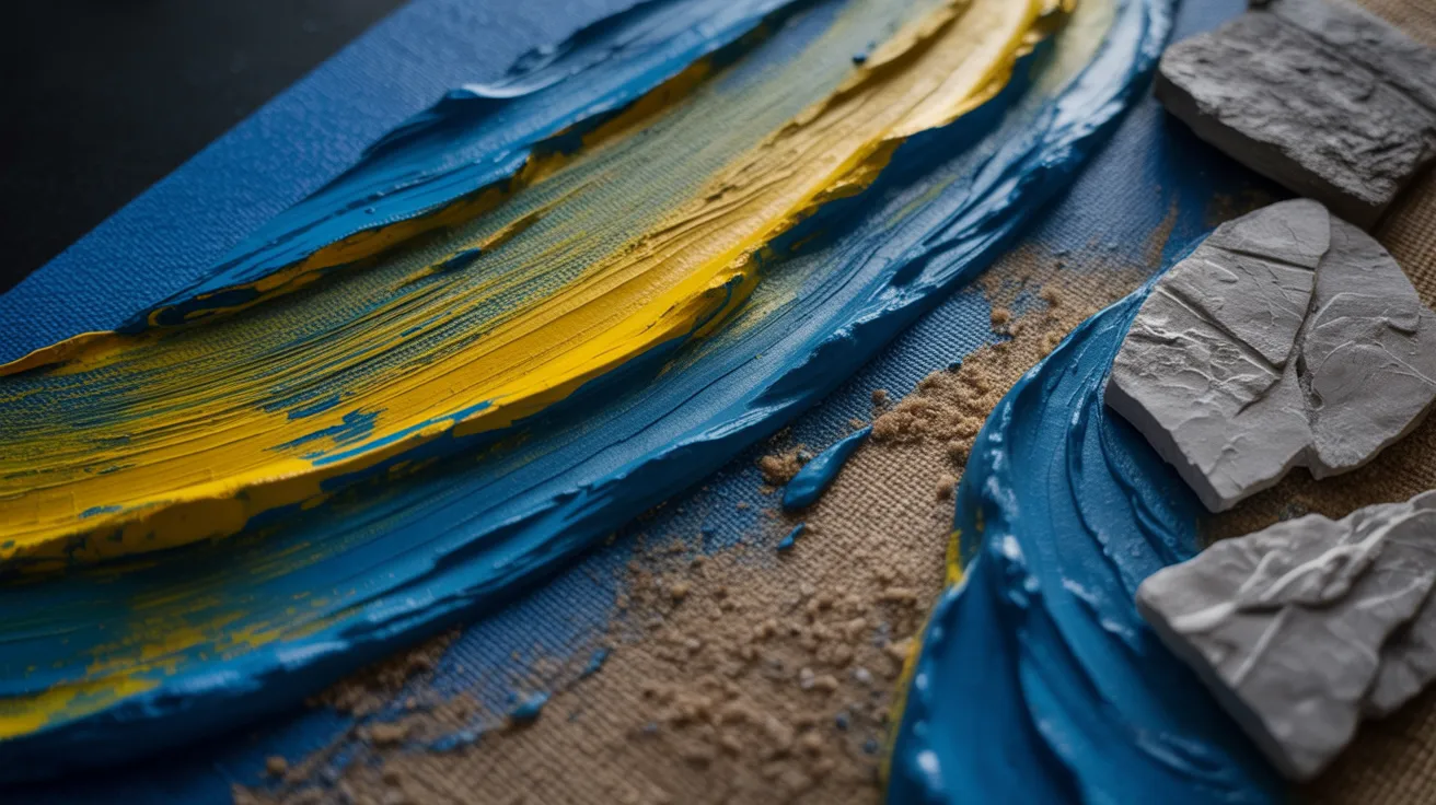 A piece of paper featuring blue and yellow paint swirls, creating an abstract design.