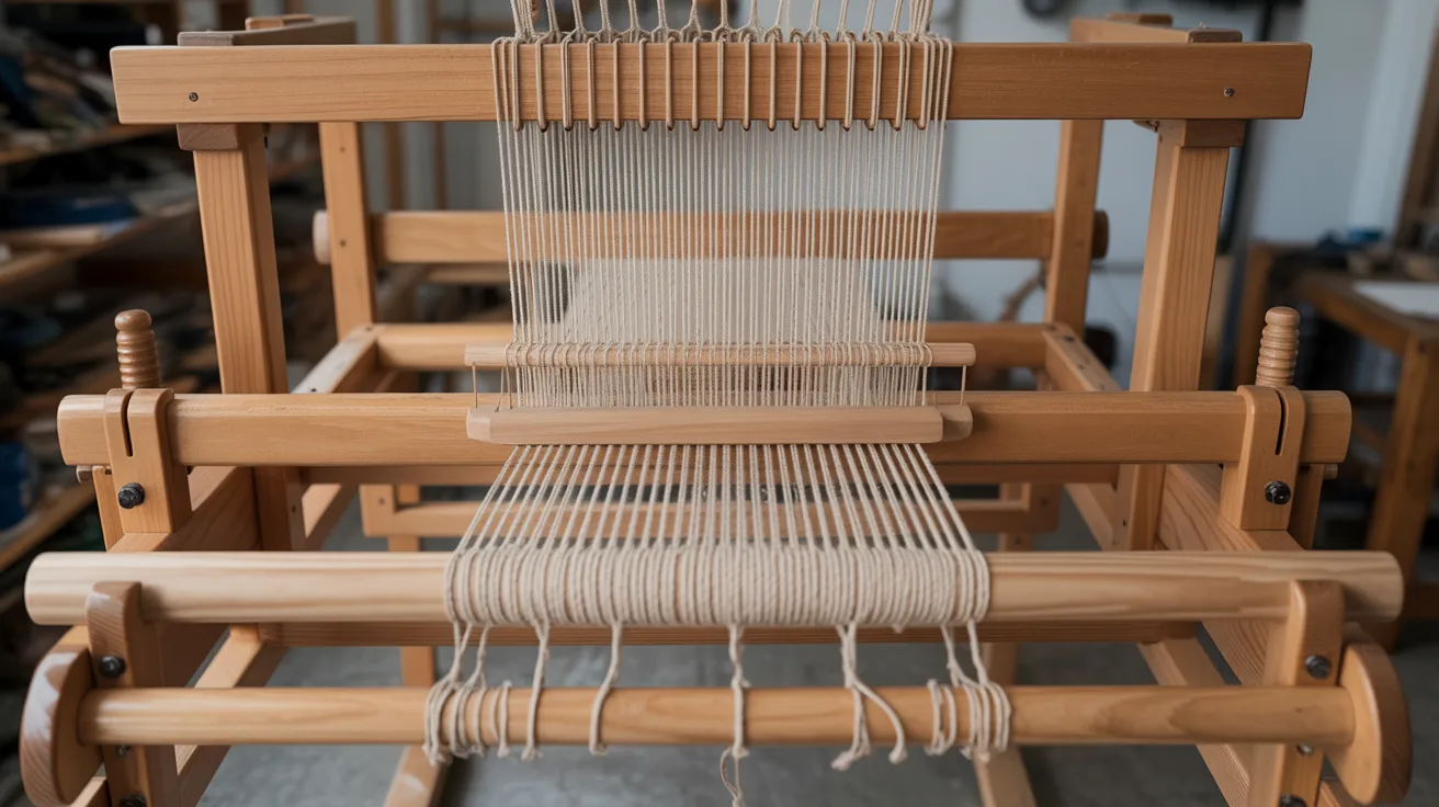 A loom displaying numerous colorful threads arranged for weaving.