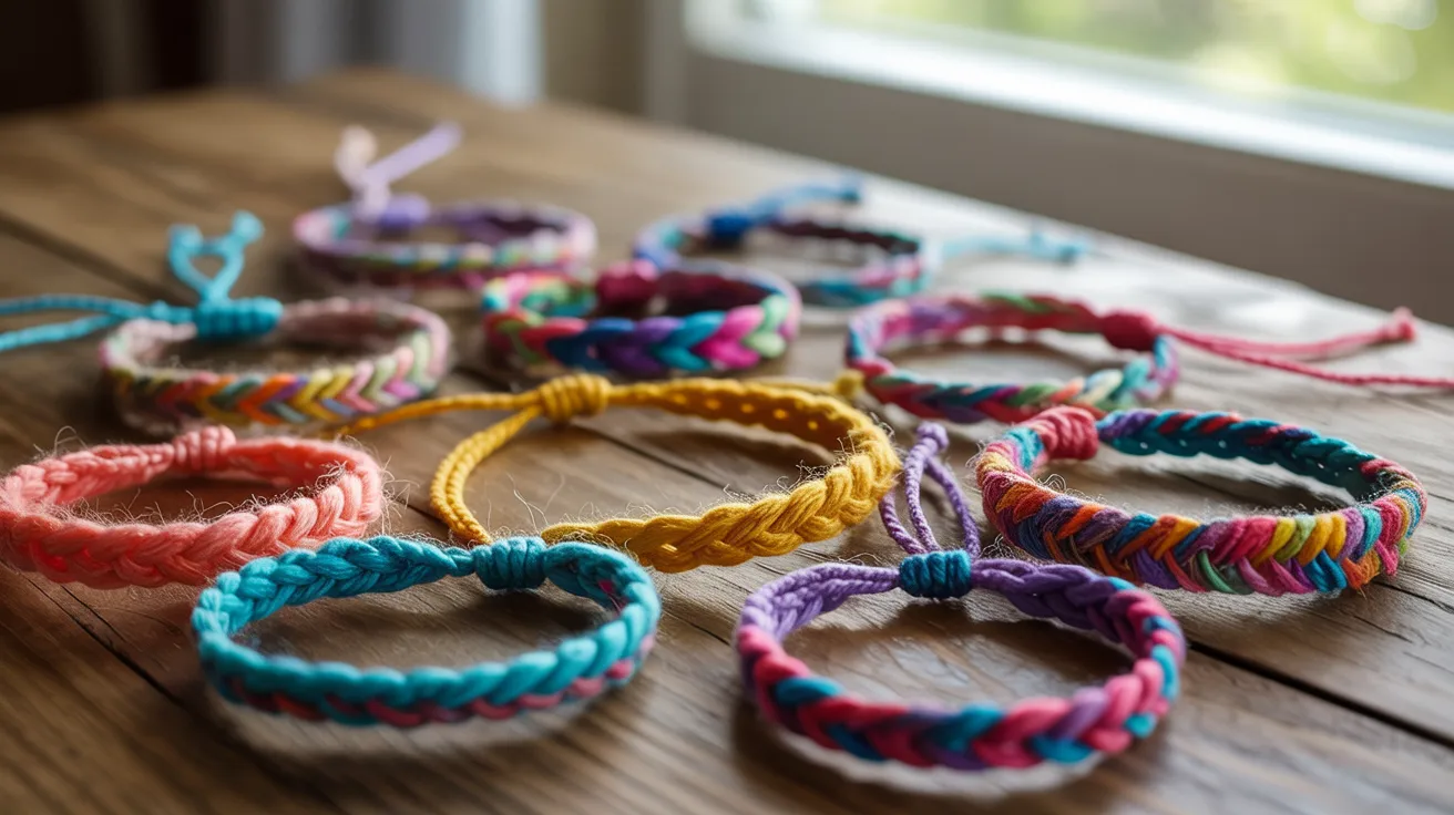 A collection of vibrant braided bracelets displayed on a wooden table, showcasing various colors and patterns.