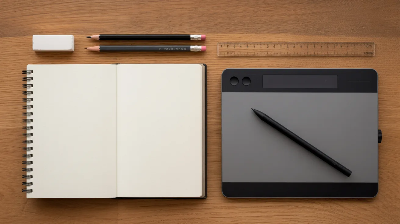 A notebook, pen, ruler, and pencil arranged on a wooden table surface.