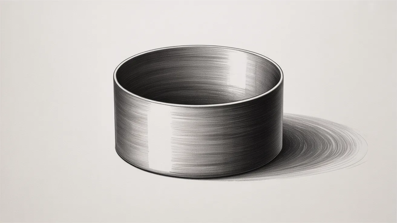 A drawing of a metal cup resting on a white surface, showcasing its reflective surface and simple design.