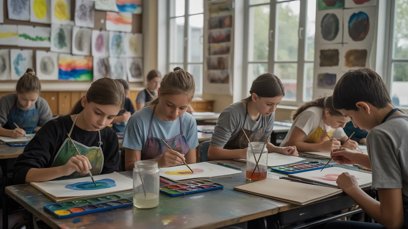 A group of children joyfully painting on large sheets of paper with various colors and brushes.