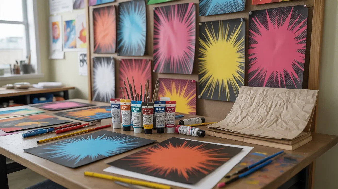 A table filled with various colored art supplies, including markers, paints, and brushes, showcasing a vibrant creative space.