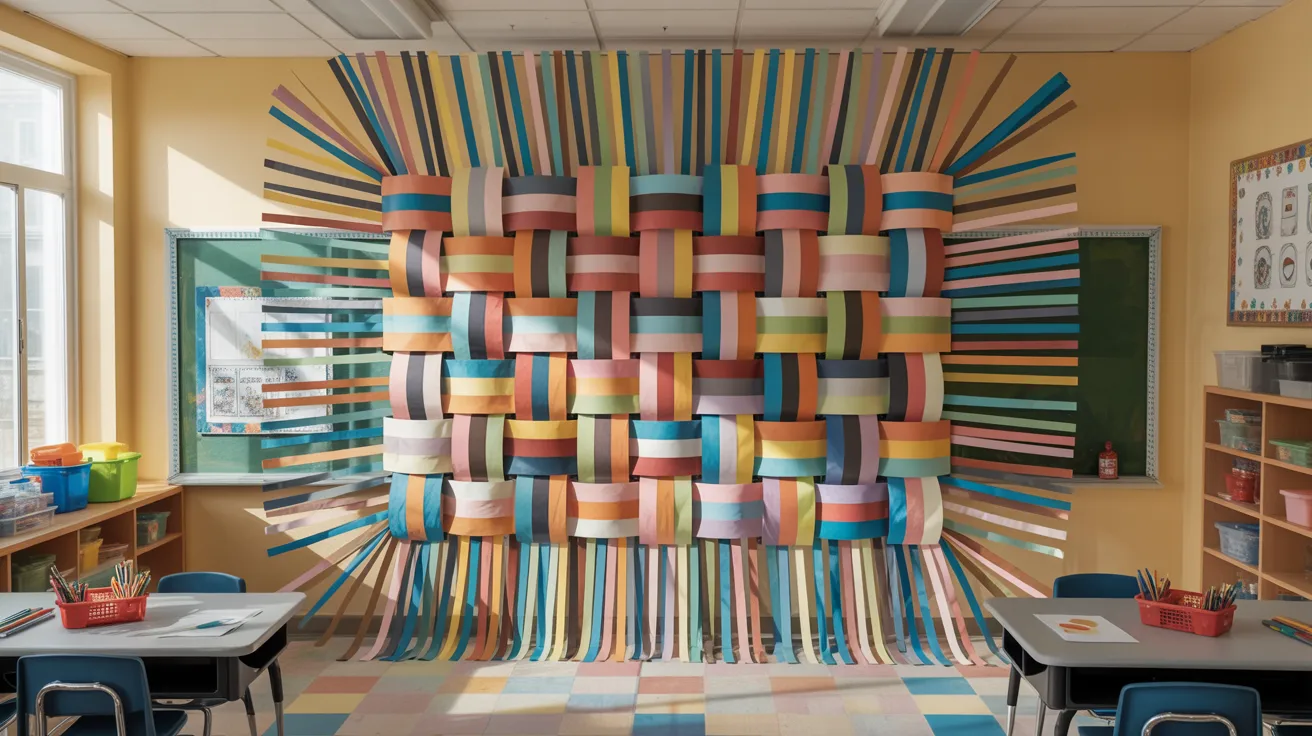 A classroom featuring a large wall covered in colorful paper, showcasing student artwork and educational materials.