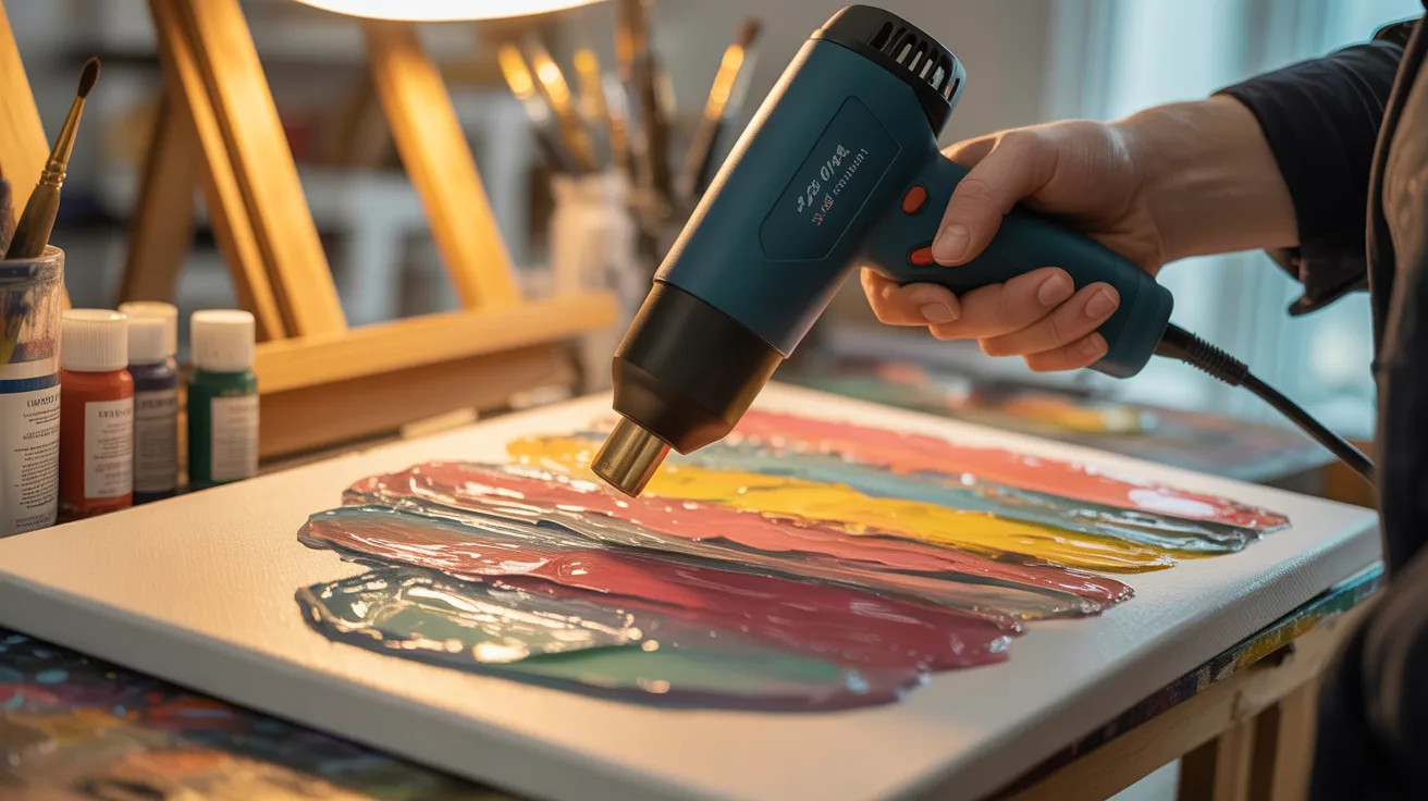 A person uses a heat gun to apply paint to a canvas, showcasing a unique painting technique.