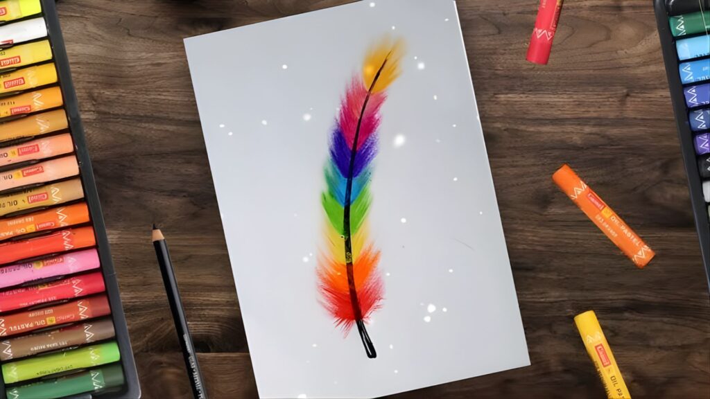 Soft Pastel Art: 5-Step Beginner Guide Step-by-step guide illustrating how to draw a colorful rainbow feather with detailed instructions and examples.