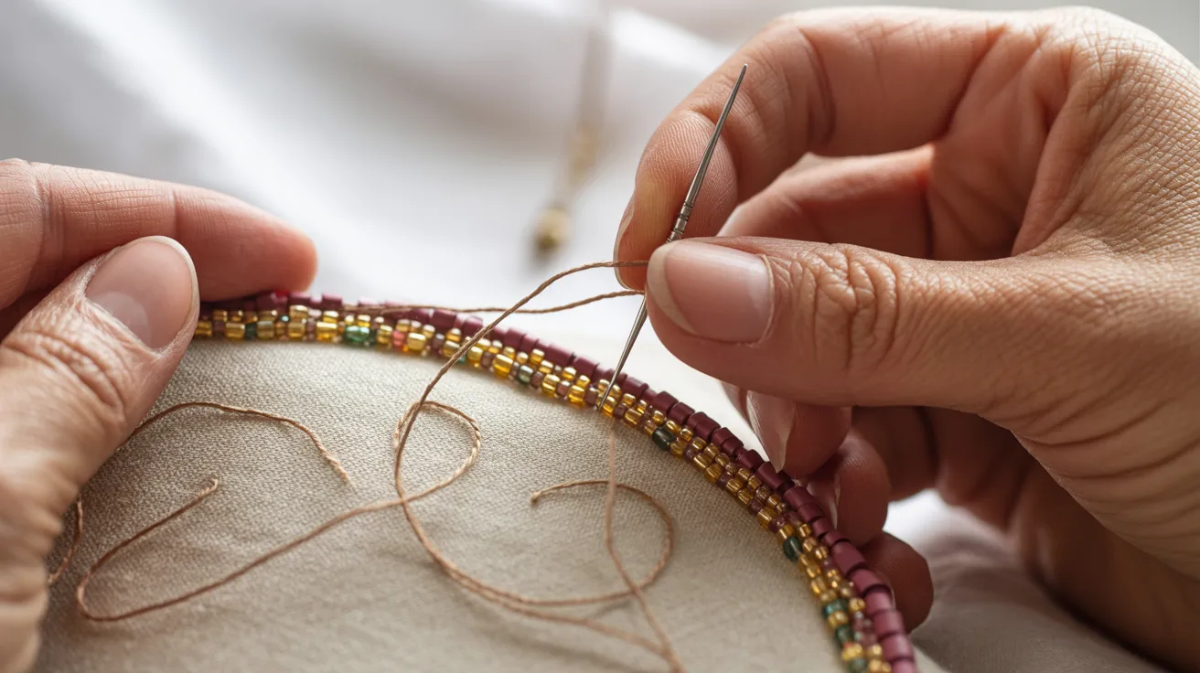 A person sewing fabric with a needle and thread, focused on their task at a well-lit sewing table.