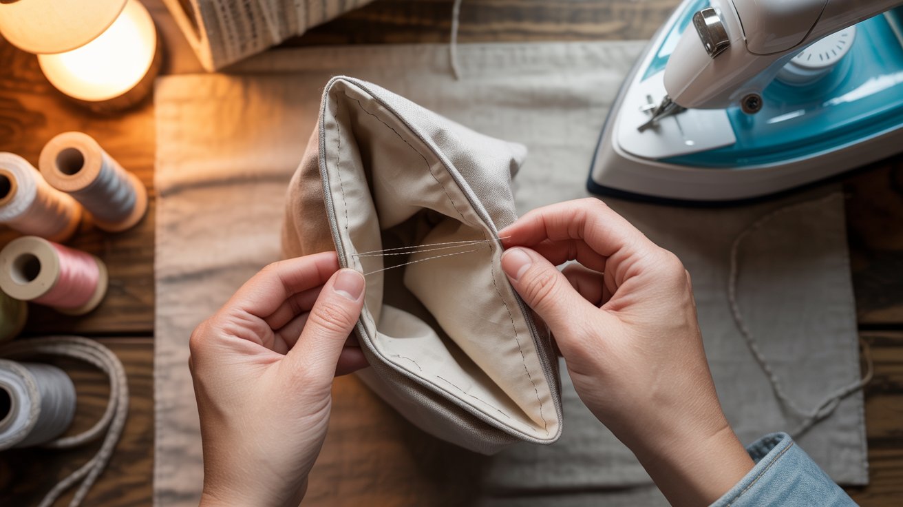 A person operates a sewing machine to create a bag, focusing intently on the fabric and stitching process.