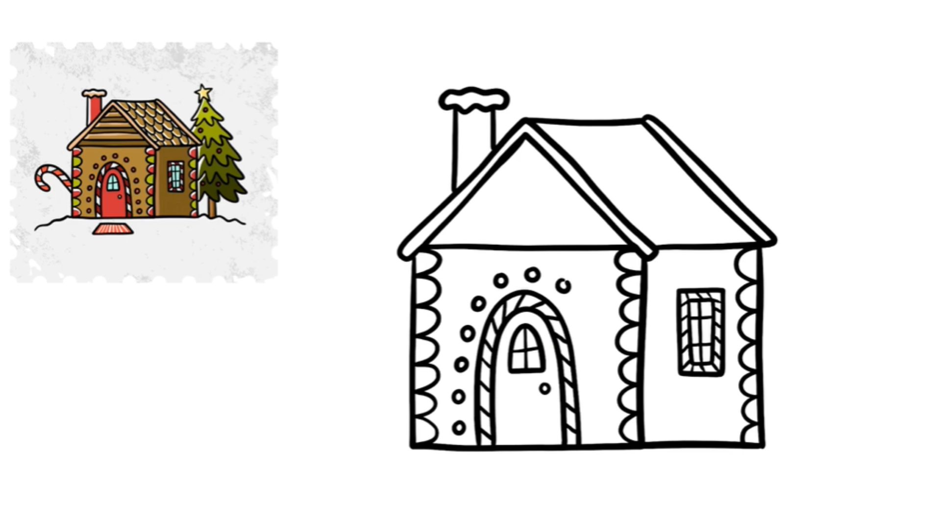 . Step-by-step guide on how to draw a gingerbread house with colorful decorations and icing details.