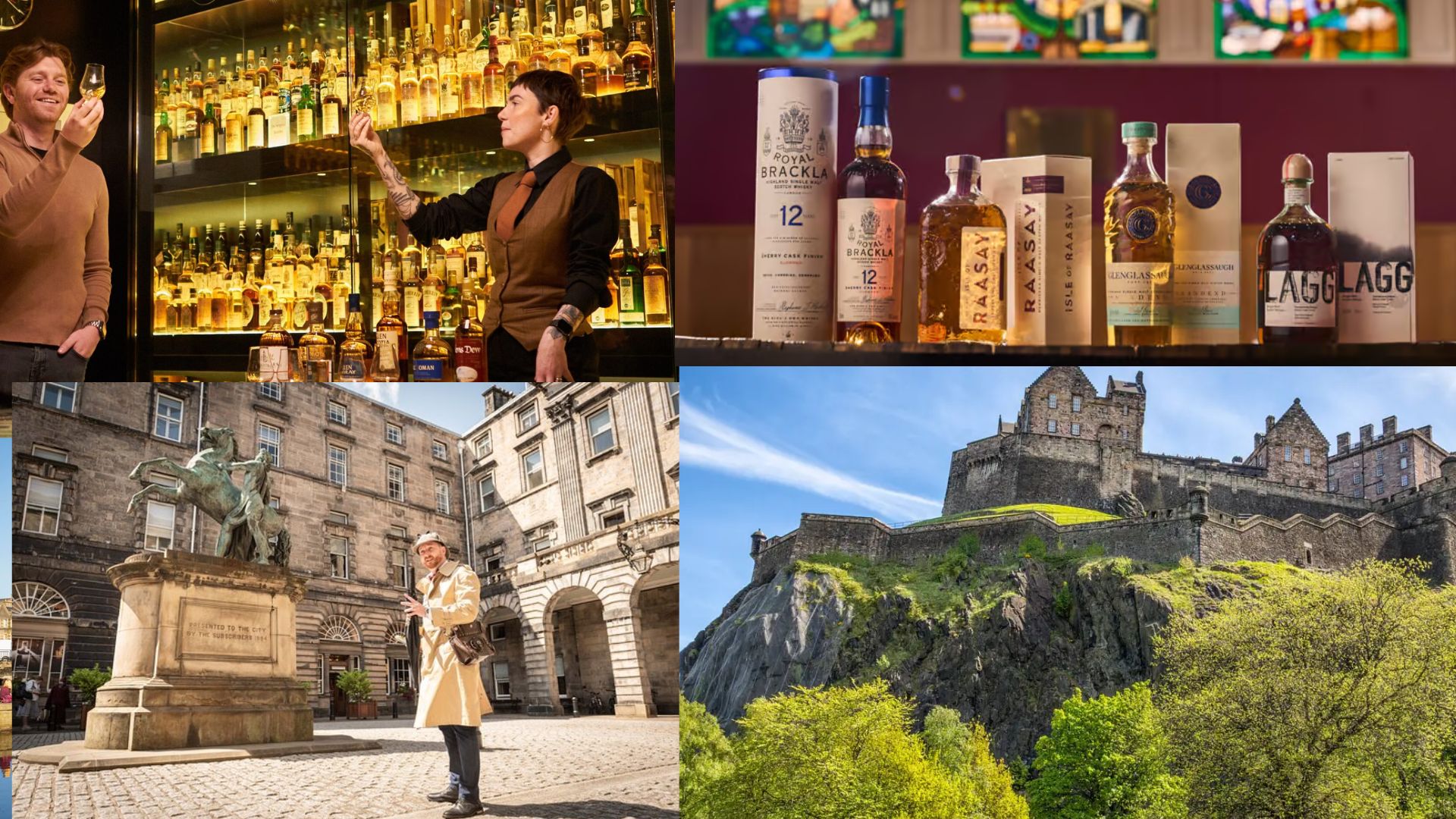 Edinburgh city center showcasing a vibrant scene with Scotch whisky bottles prominently displayed.