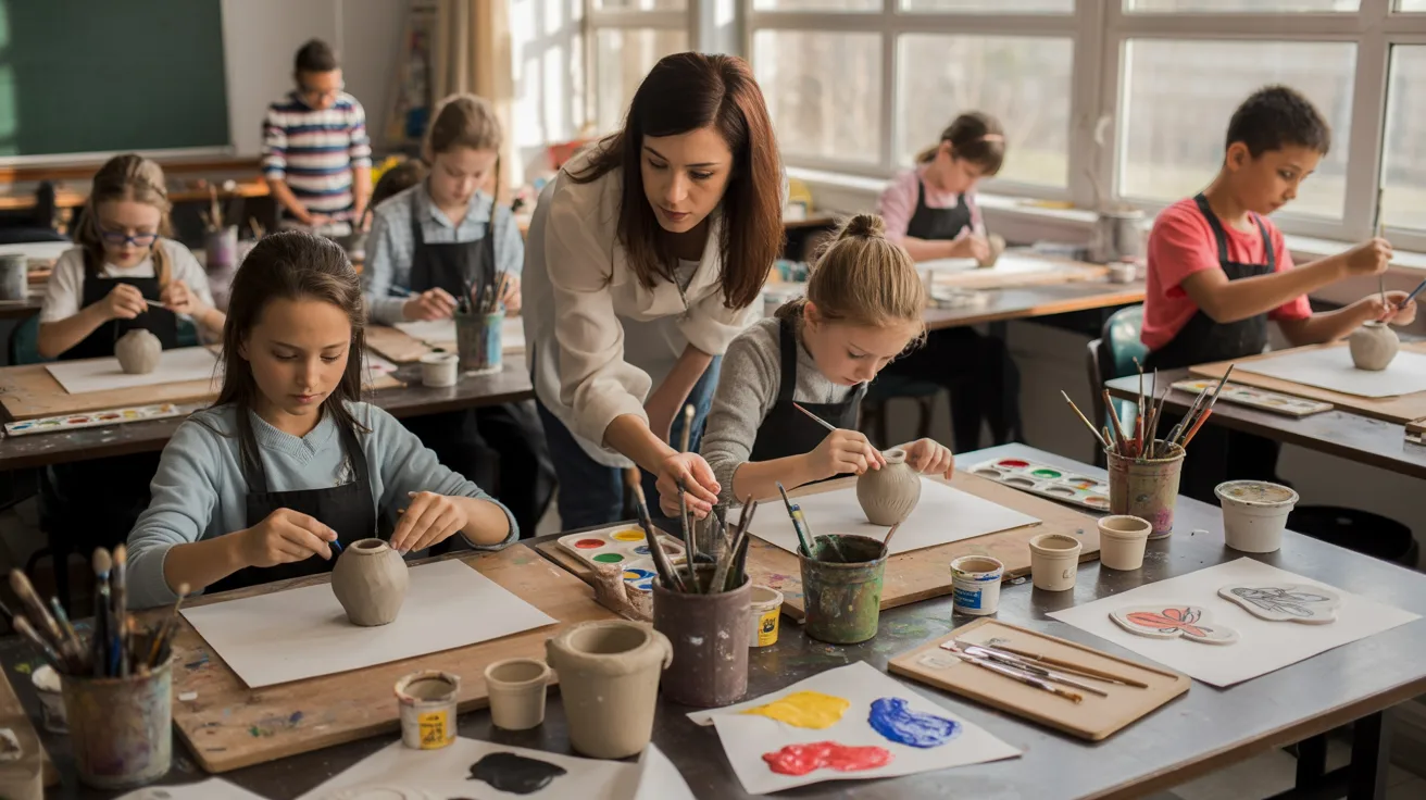 A teacher demonstrates painting techniques to a group of attentive children in a bright classroom setting.