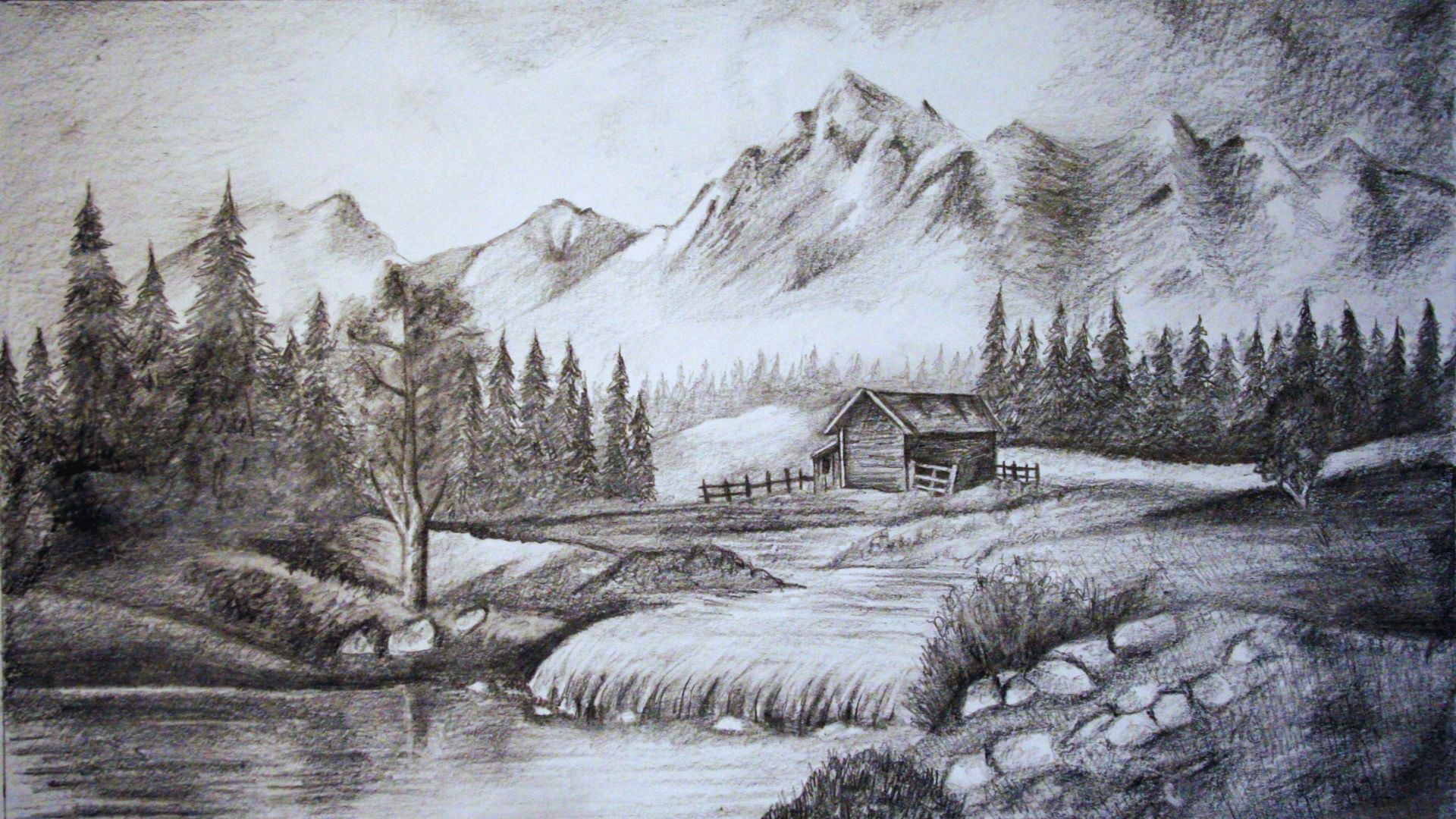A drawing depicting a cozy cabin nestled among mountains under a clear sky.