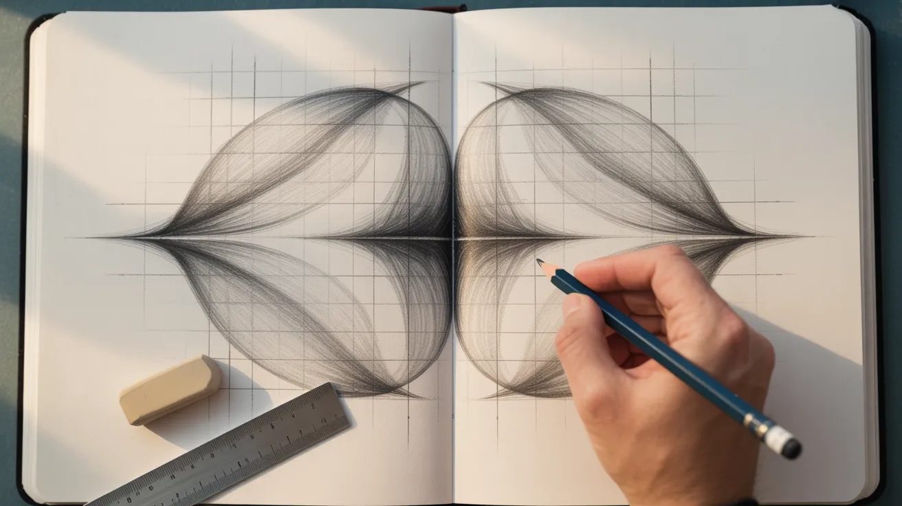 A person is sketching a heart shape on paper with a pencil, focusing intently on their drawing.