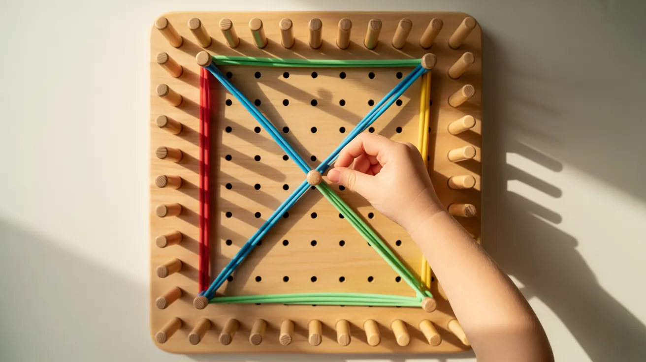 A child's hand holds a wooden peg board filled with colorful pegs, showcasing a playful and creative activity.
