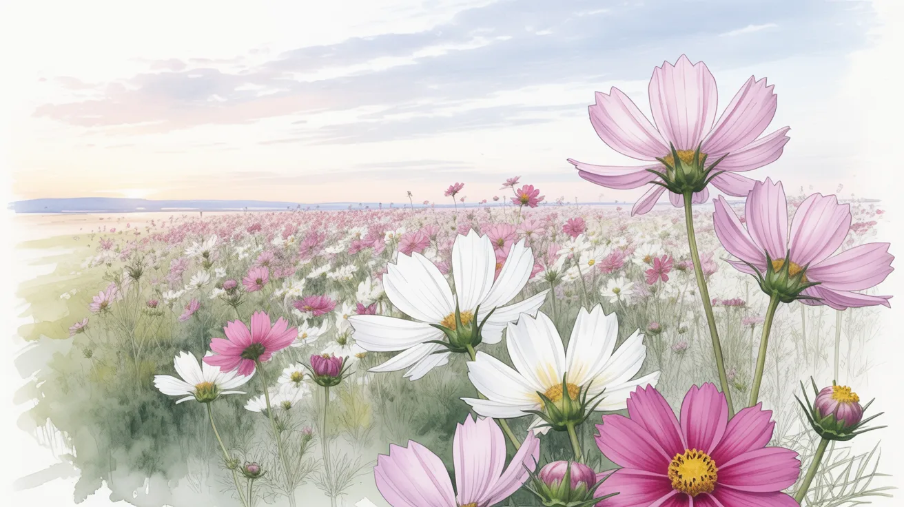 Watercolor illustration of cosmos flowers in vibrant colors, showcasing their delicate petals and lush green foliage.