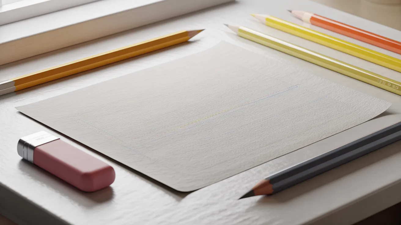 A white table displays a white sheet of paper, several pencils, and a pen arranged neatly on its surface.