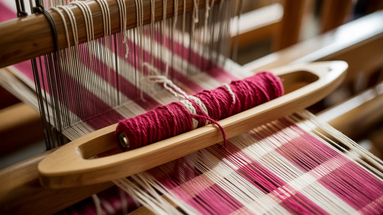 Close-up of a weaving loom featuring vibrant pink thread interlaced in the weaving process.
