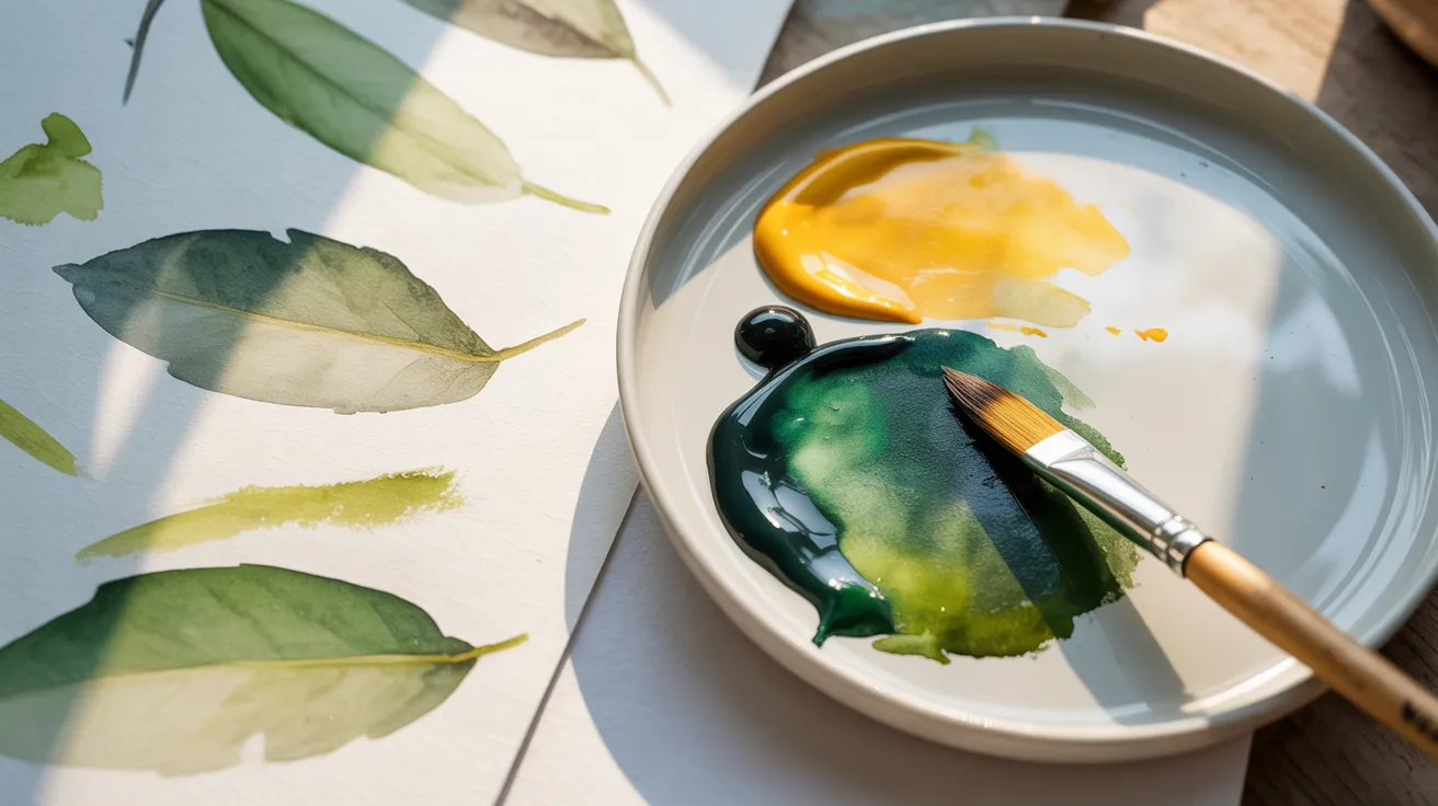 A paintbrush and palette sit on a table beside a bowl filled with colorful watercolor leaves.