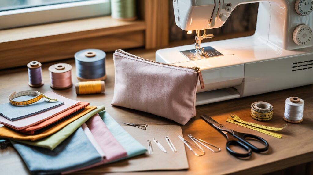 A sewing machine, scissors, and various sewing supplies arranged neatly on a table.