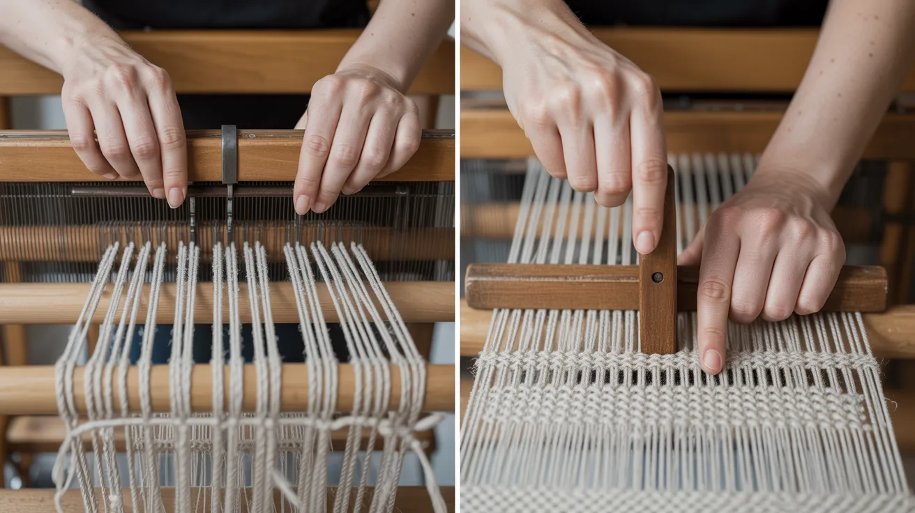 Two images show a person operating a weaving machine, demonstrating the intricate process of textile creation.