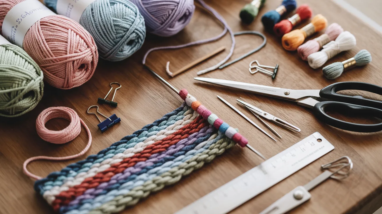 A table displaying colorful yarn, scissors, and knitting needles arranged for a crafting project.