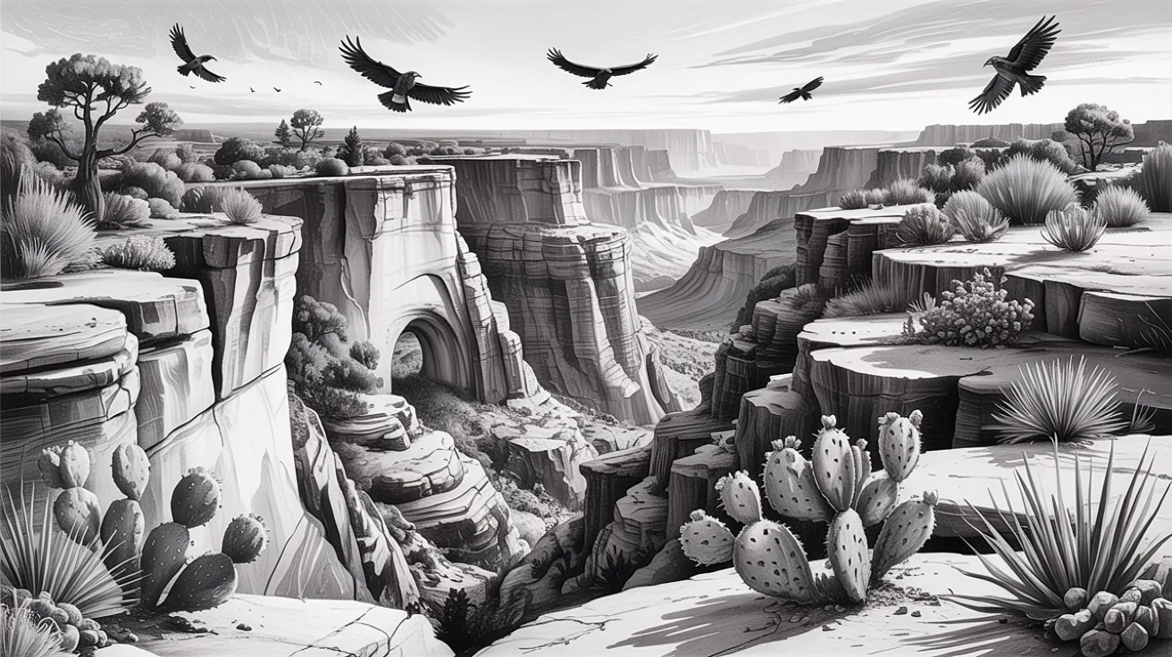 A black and white drawing depicting birds soaring over a vast canyon landscape.