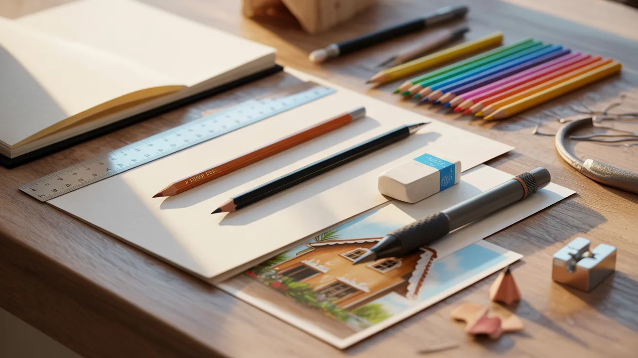 A desk cluttered with various supplies, including pencils, pens, and a camera, showcasing a creative workspace.