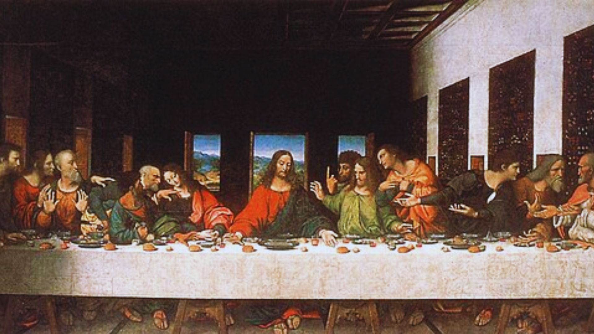 The Last Supper by Leonardo da Vinci, depicting Jesus and his disciples at the moment of the announcement of betrayal.