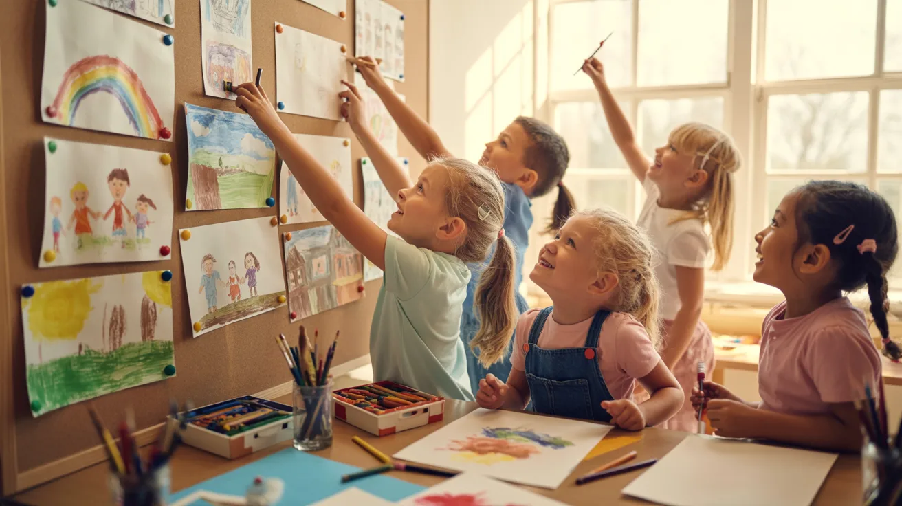Children engaged in drawing on a whiteboard in a bright classroom setting, showcasing creativity and collaboration.