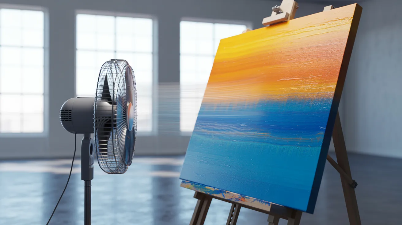 A fan blows air towards a painting, creating a dynamic interaction between the artwork and the surrounding environment.