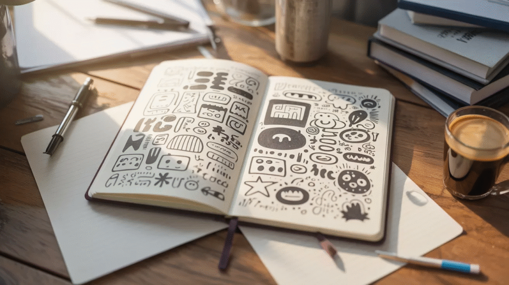 A notebook with doodles rests on a desk beside a cup of coffee and another notebook, creating a cozy workspace scene.