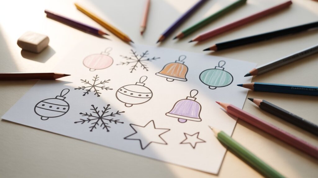 Coloring pages featuring Christmas ornaments and festive items for creative holiday-themed activities.